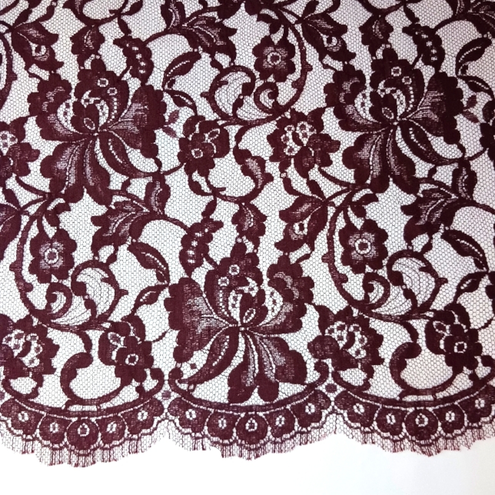 Scalloped Burgundy Floral Lace Fabric.